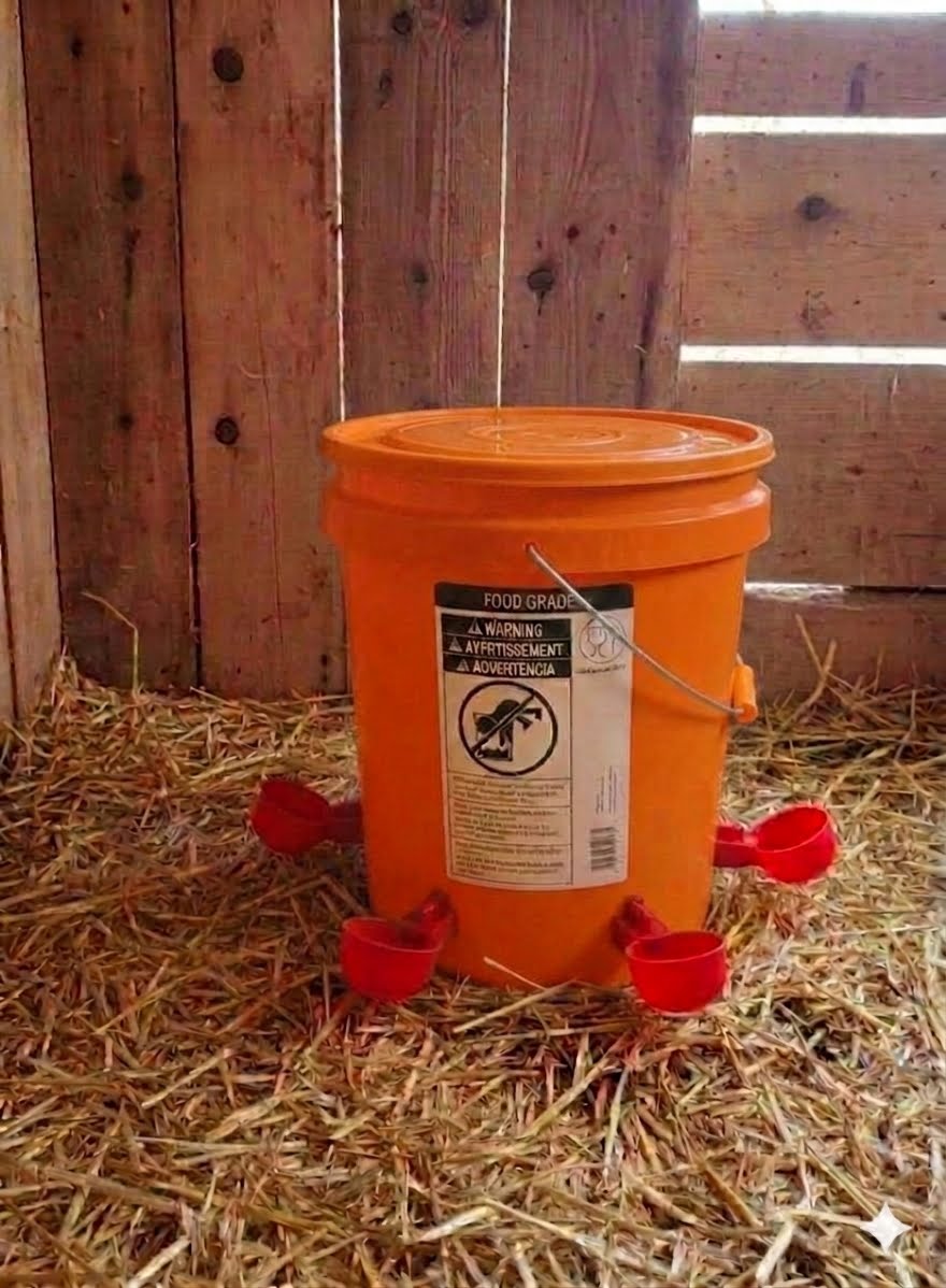 Chicken/Poultry Water Dispenser 5 gallon food-grade bucket w/snap closed lid+4 Red cups