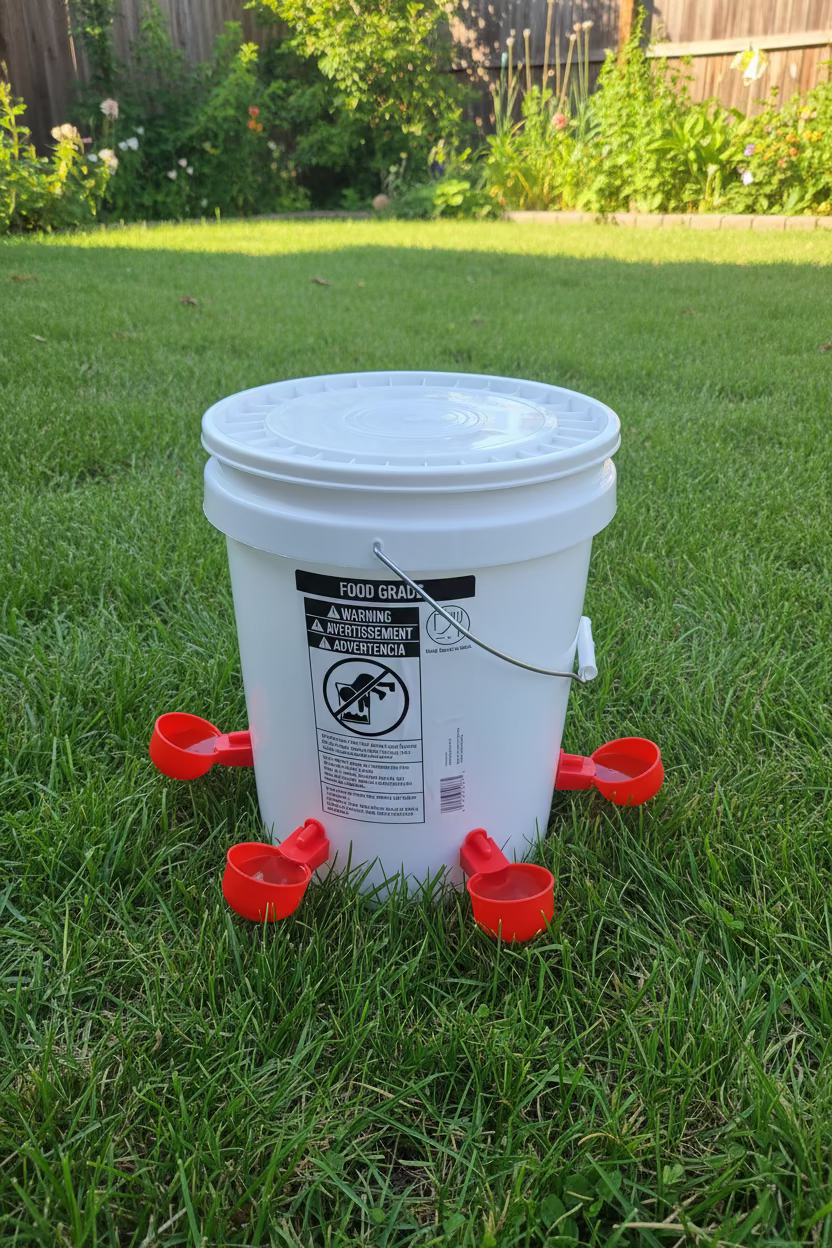 Chicken/Poultry Water Dispenser 5 gallon food-grade bucket w/snap closed lid+4 Red cups