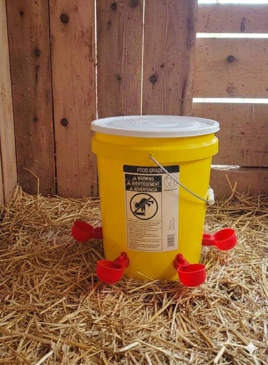 Chicken/Poultry Water Dispenser 5 gallon food-grade bucket w/snap closed lid+4 Red cups