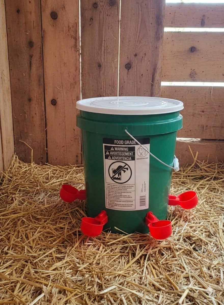 Chicken/Poultry Water Dispenser 5 gallon food-grade bucket w/snap closed lid+4 Red cups