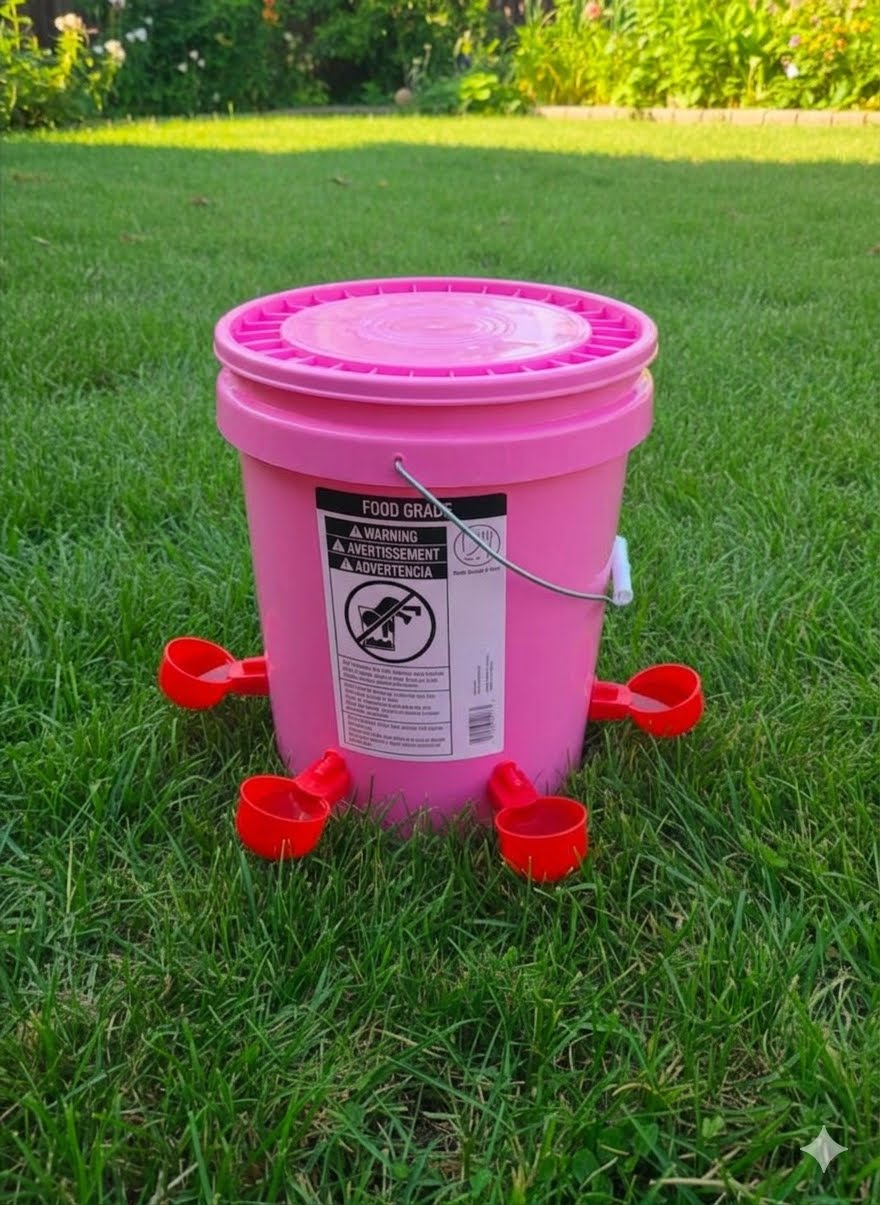 Chicken/Poultry Water Dispenser 5 gallon food-grade bucket w/snap closed lid+4 Red cups