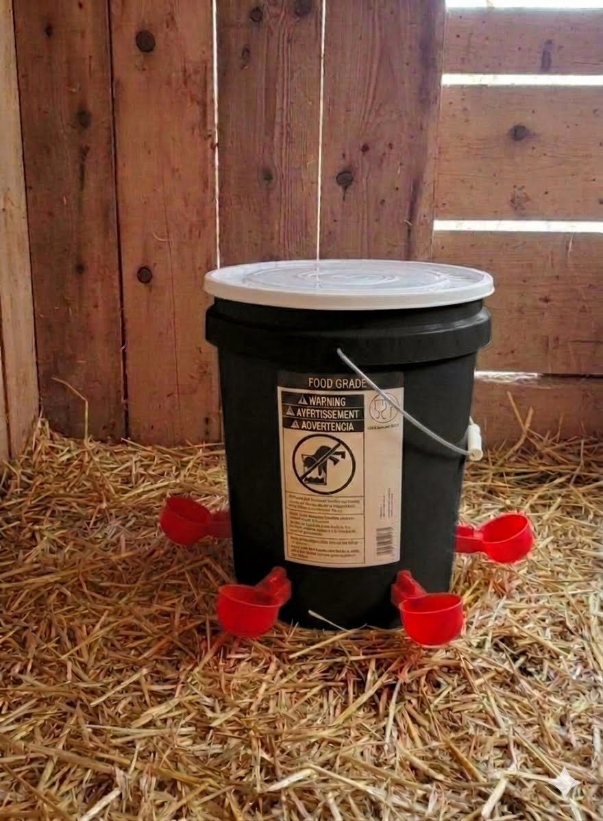 Chicken/Poultry Water Dispenser 5 gallon food-grade bucket w/snap closed lid+4 Red cups