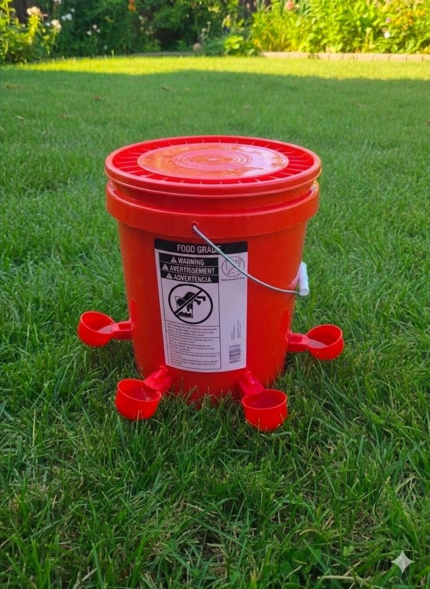 Chicken/Poultry Water Dispenser 5 gallon food-grade bucket w/snap closed lid+4 Red cups